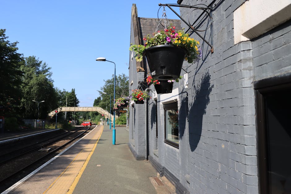 A view of Abbey Wood station platform with a gray brick building adorned with hanging black flower baskets filled with vibrant pink, yellow, and purple flowers. The arrangement showcases fresh, bloomi